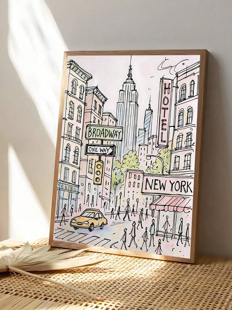 New York Broadway wall art in light wood frame leaning on woven bench
