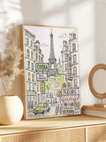 Paris Eiffel Tower canvas print in wood frame on dresser with neutral decor