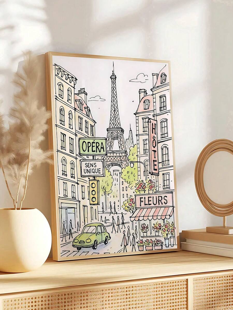 Paris Eiffel Tower canvas print in wood frame on dresser with neutral decor