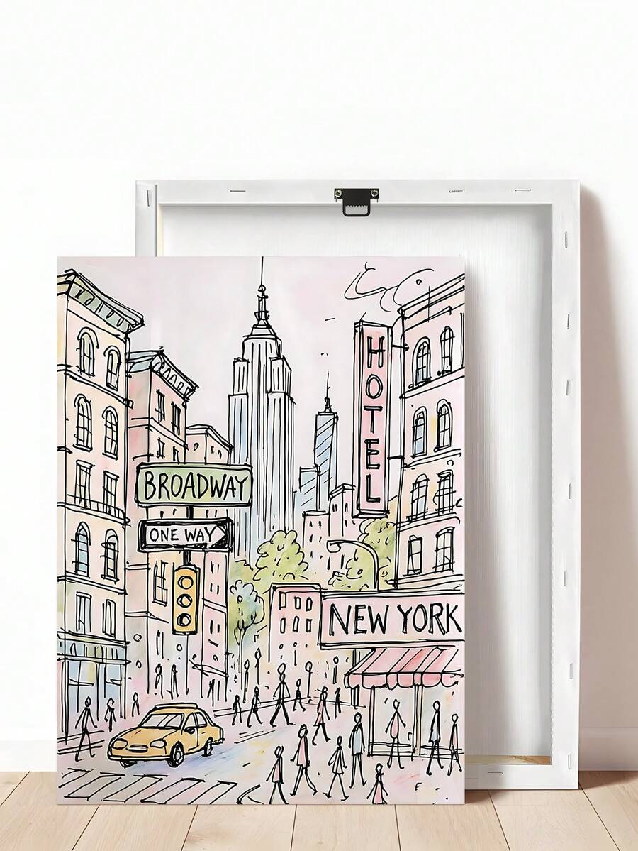 New York Broadway canvas print shown with rear frame and hanging hardware