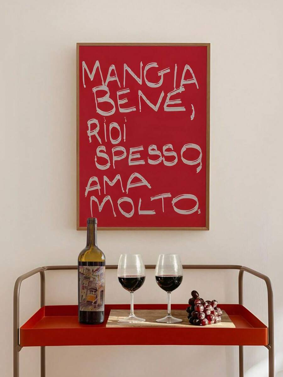 Italian Mangia Bene Vintage Canvas Wall Art, Red Kitchen Poster With Eat Well Quote, Retro Italian Restaurant Decor, Mid-Century Modern Art Print, Unframed Wall Painting, Suitable For Kitchen, Dining Room, Living Room, Bedroom, Home Office Decoration
