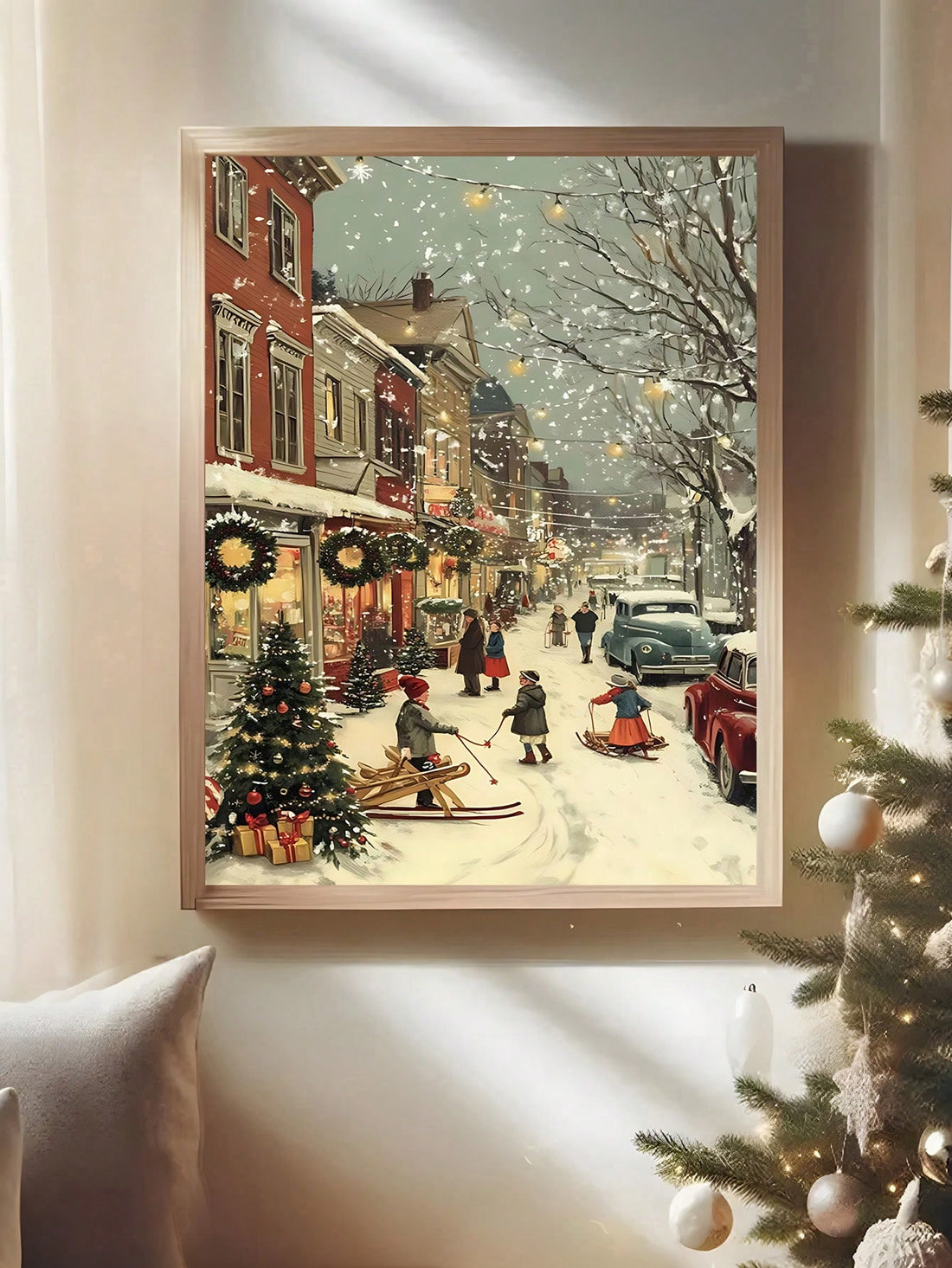 Transport your space into a nostalgic winter wonderland with this charming vintage Christmas town scene canvas art. Featuring meticulously detailed illustrations of snow-dusted cottages, twinkling streetlights, and festive carolers, this piece captures the warmth and magic of classic holiday traditions. The soft, muted color palette and timeless aesthetic complement both traditional and contemporary interiors seamlessly.