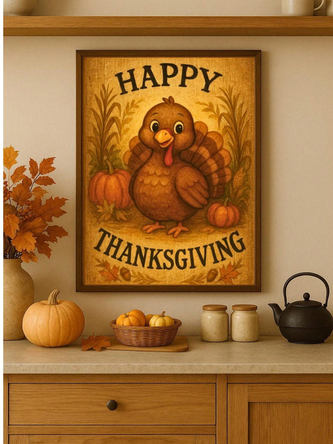 Bring timeless autumn charm to your home with this frameless Thanksgiving wall art. Featuring a carefully curated vintage aesthetic, the design showcases a classic turkey, pumpkin, and maple leaf motif that captures the essence of the season. The retro styling complements both traditional and eclectic interiors, making it an ideal choice for those seeking nostalgic seasonal décor. Ready to display without framing, this print offers effortless installation and versatile placement options throughout your spac