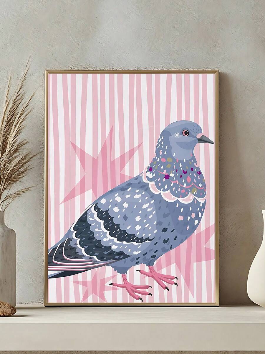 Bring vibrant personality to your space with this stunning Vintage Pink Green Pigeon Art Print. Perfect for animal lovers and maximalist enthusiasts, this eye-catching piece features bold colors and dynamic striped patterns that command attention on any wall.