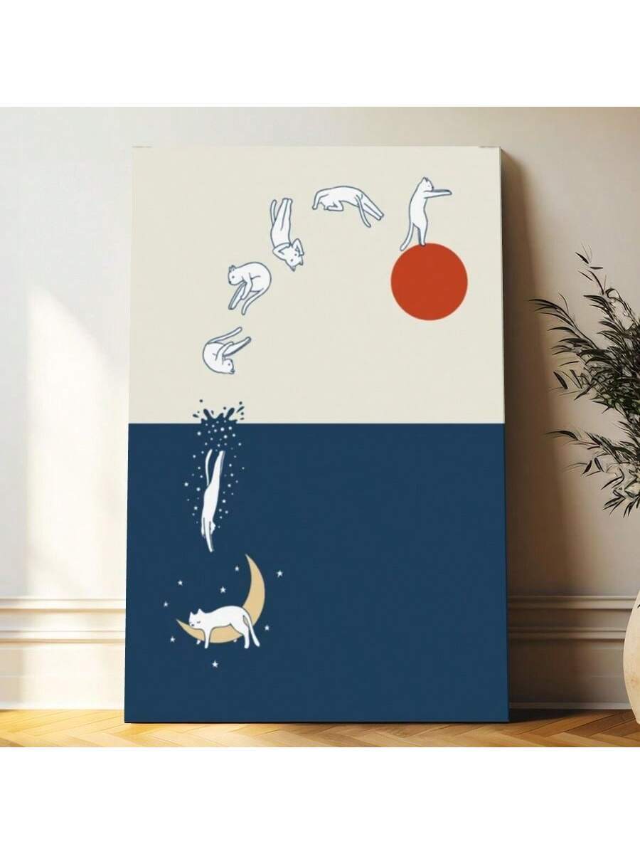 Framed whimsical cat canvas with moon sun stars and cream navy line art