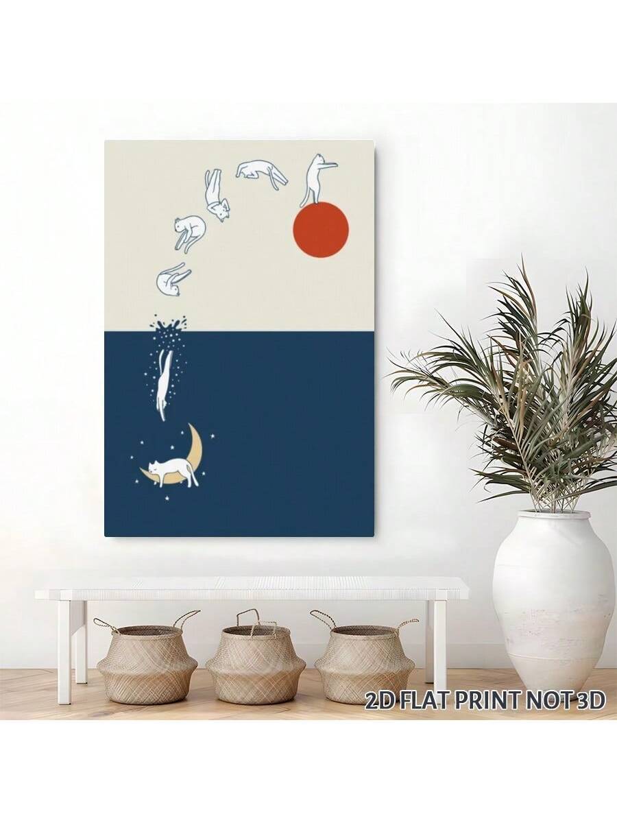 Close view of minimalist cat art with moon shapes stars and warm red orange accents