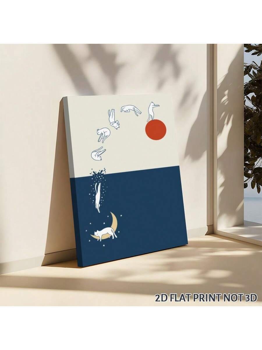 Framed whimsical cat canvas with moon sun stars and cream navy line art