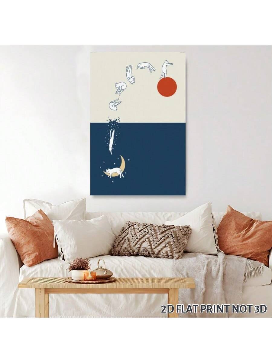 Whimsical framed cat wall art preview with cream navy and pale gold colors