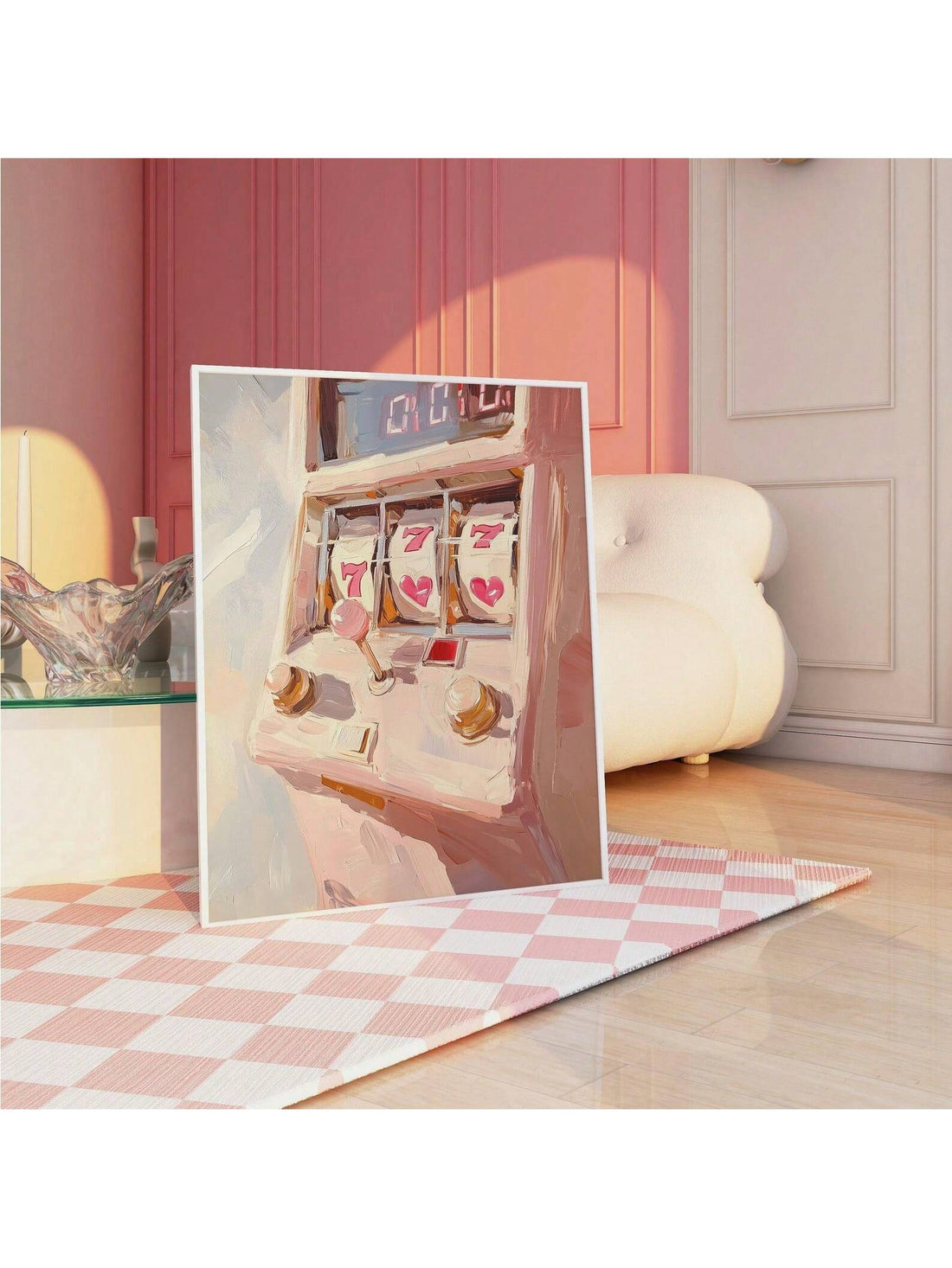 Elevate your space with this striking frameless wall art celebrating the iconic 777 slot machine aesthetic. Perfect for Y2K enthusiasts and retro gaming fans, this piece brings nostalgic casino vibes to bedrooms, dorms, and entertainment areas. The vintage-inspired design captures the thrill of classic gambling culture while serving as a bold statement piece. Its frameless presentation offers modern versatility, allowing seamless integration into contemporary or eclectic interiors. Ideal for collectors seek