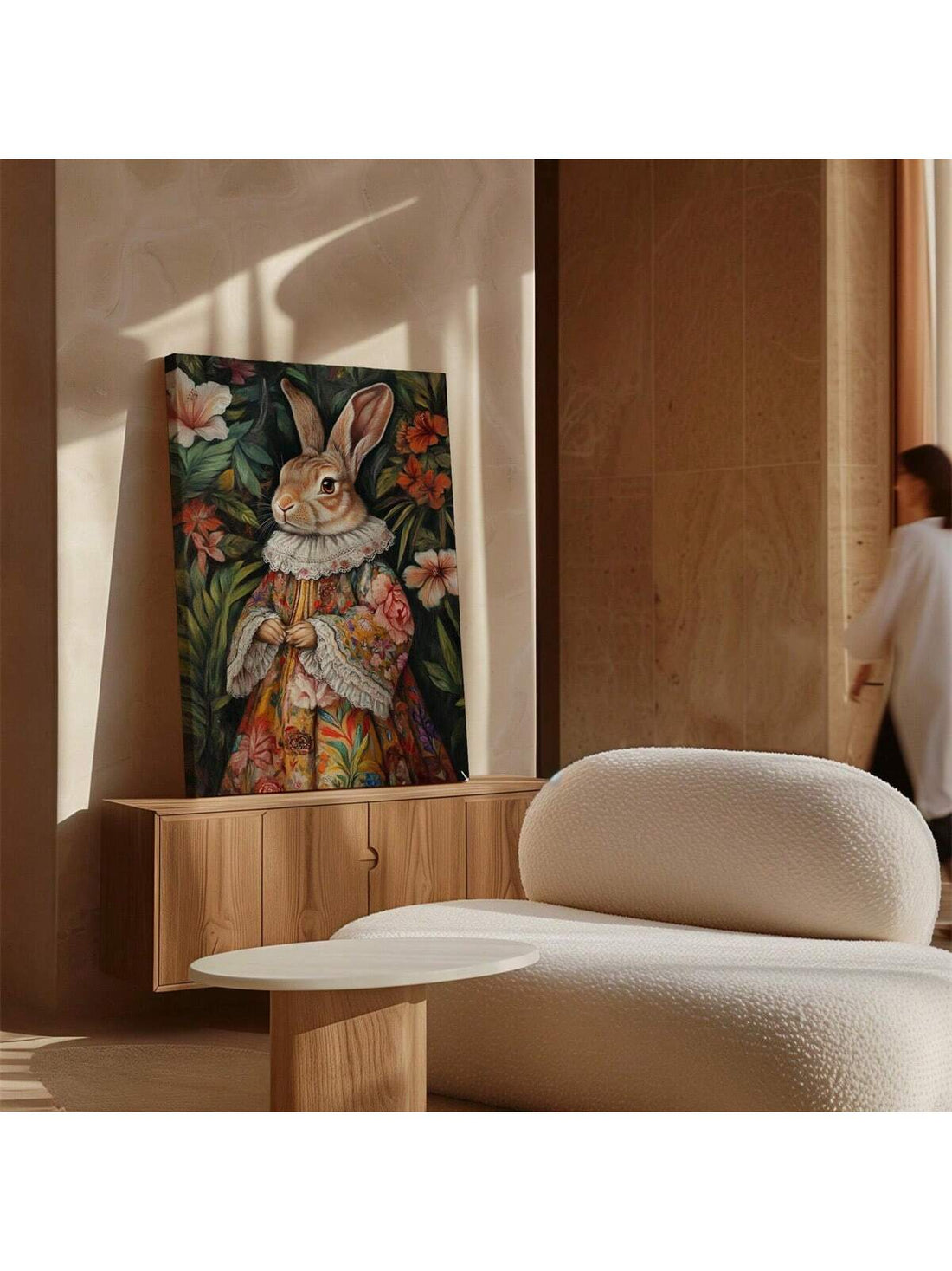 Transform your space with this enchanting King Rabbit Portrait Canvas Art, a sophisticated blend of whimsy and elegance. Featuring a regal rabbit adorned in an ornate floral costume, this piece brings personality and charm to any room. 