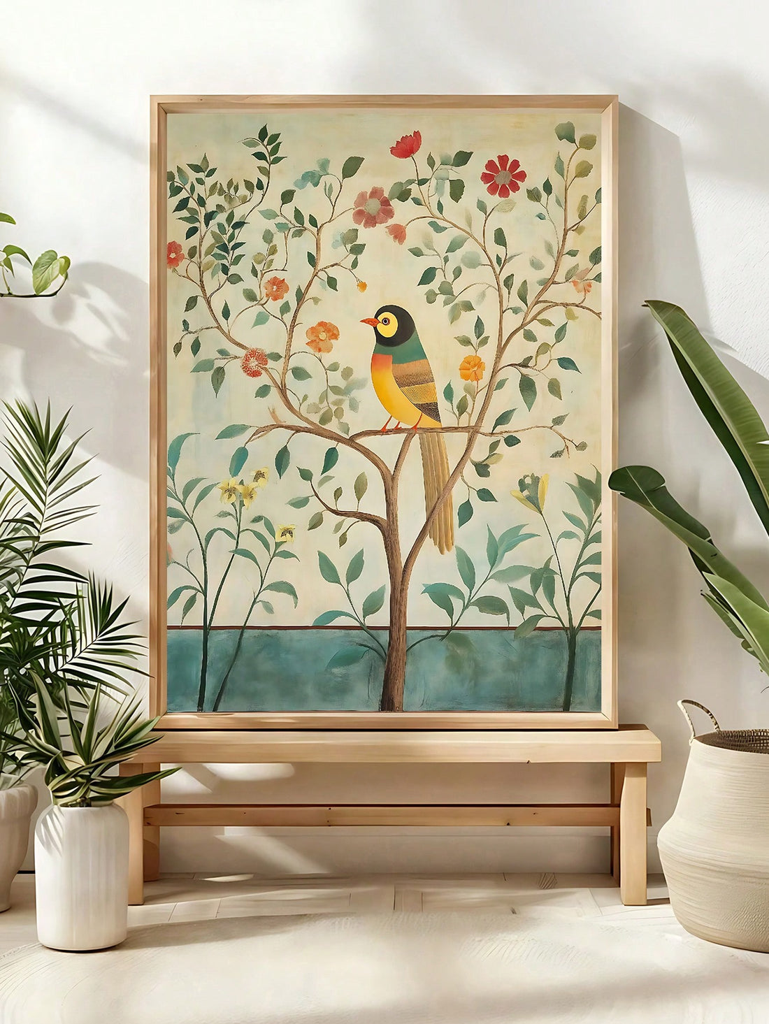 Transform your space with this captivating bohemian canvas art featuring vibrant birds nestled among lush botanical elements. The intricate vintage-inspired design blends warm, earthy tones with pops of color, creating visual interest that complements any room aesthetic. Hand-painted details and layered florals evoke a gallery-quality feel without the premium price tag.