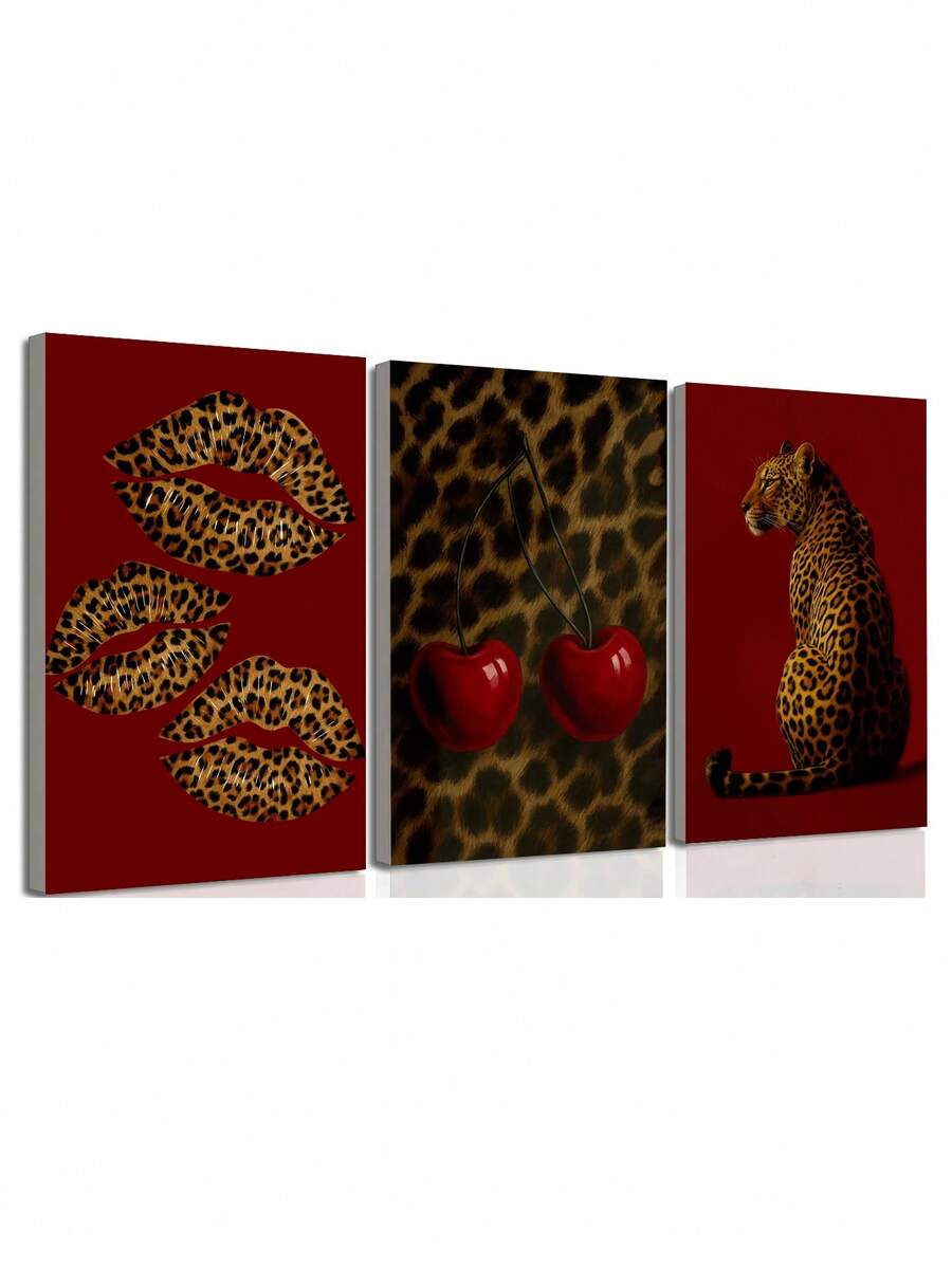Maximalist wall art set with red lips cherry and animal print