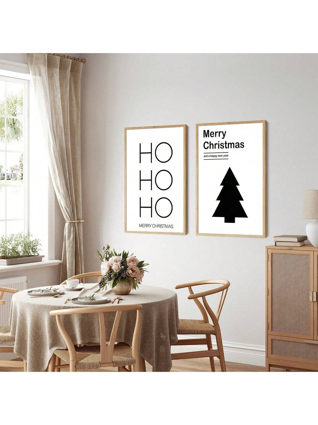 Transform your holiday space with this sophisticated canvas print set featuring a sleek, contemporary Christmas tree paired with playful "Ho Ho Ho" lettering. Designed for those who appreciate understated elegance, these minimalist pieces blend festive spirit with modern aesthetics. The clean lines and neutral palette complement any interior style while adding seasonal warmth to your walls. Perfect for creating an Instagram-worthy holiday display that feels curated rather than cluttered. Ideal for living ro