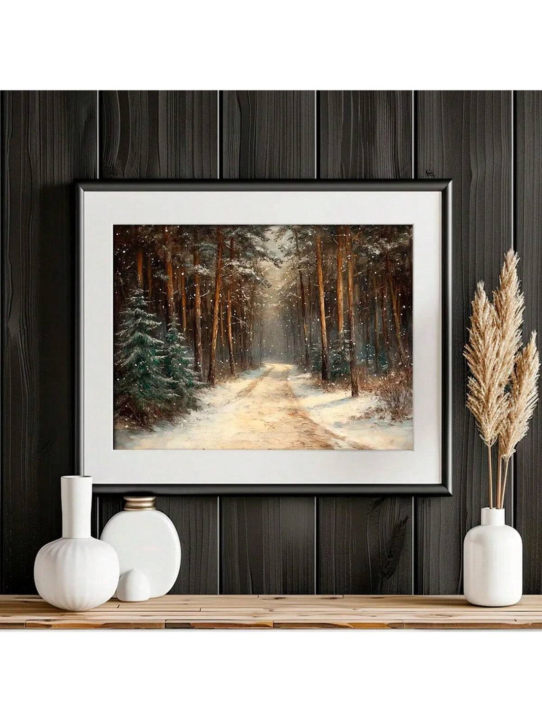 Transform your space into a winter wonderland with this enchanting vintage snowy forest path wall art. Featuring a serene woodland scene blanketed in pristine snow, this piece captures the timeless charm of rustic cabin aesthetics. Perfect for creating a cozy, inviting atmosphere during the holiday season or year-round, it brings warmth and nostalgia to living rooms, bedrooms, and entryways. The muted, earthy tones complement various interior styles while the detailed landscape imagery adds depth and charac