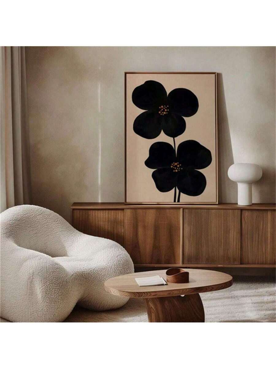 Transform your space with this striking mid-century black floral wall art. The oversized abstract print features moody botanical elements in multicolor tones, perfect for modern minimalist interiors.