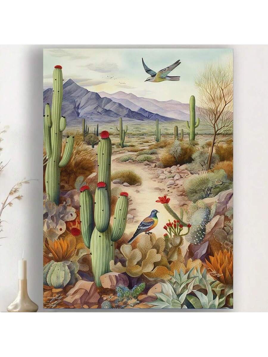 Framed desert landscape canvas poster with cacti mountains birds and warm southwest colors