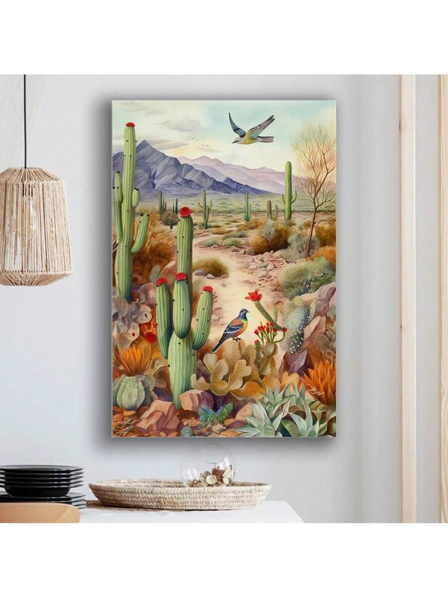 Framed desert landscape canvas poster with cacti mountains birds and warm southwest colors