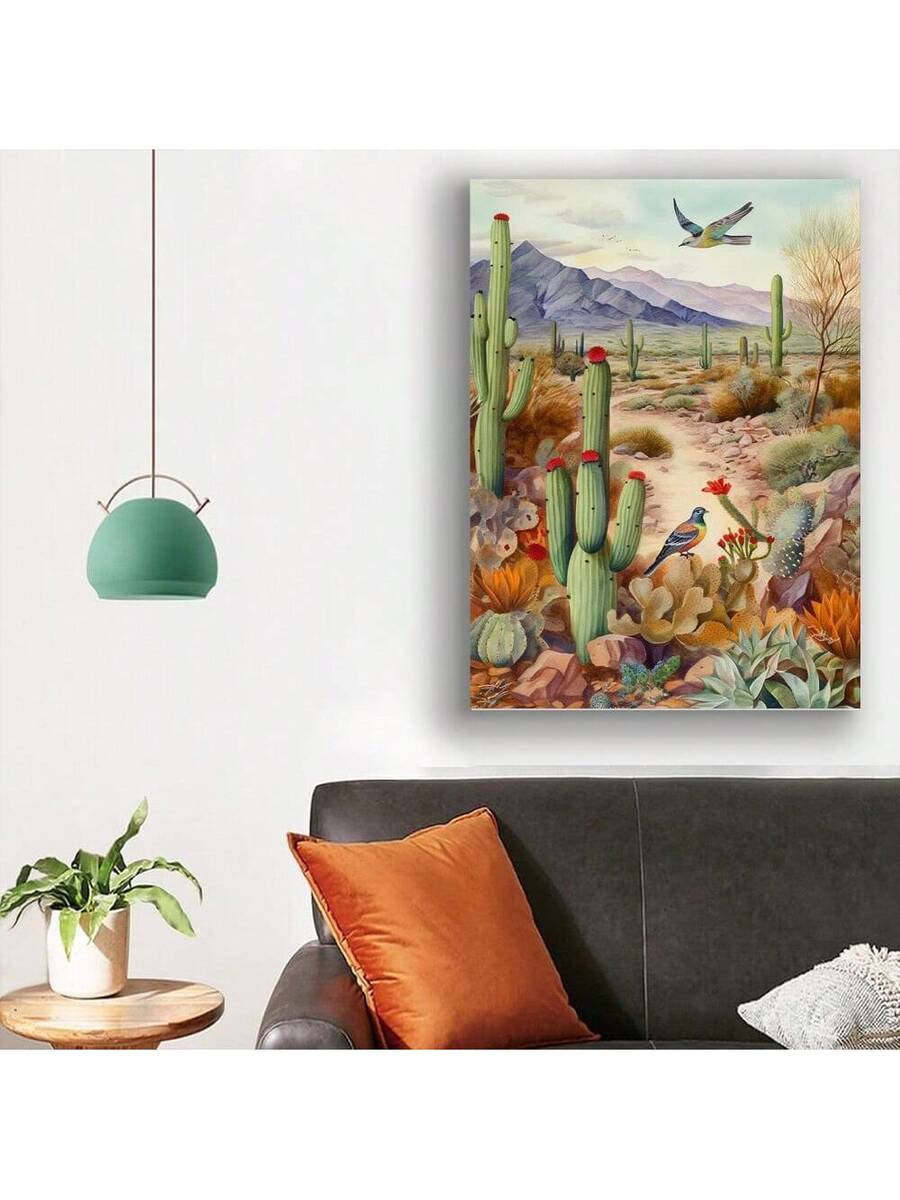 Close view of watercolor desert landscape canvas with succulents and mountain scenery
