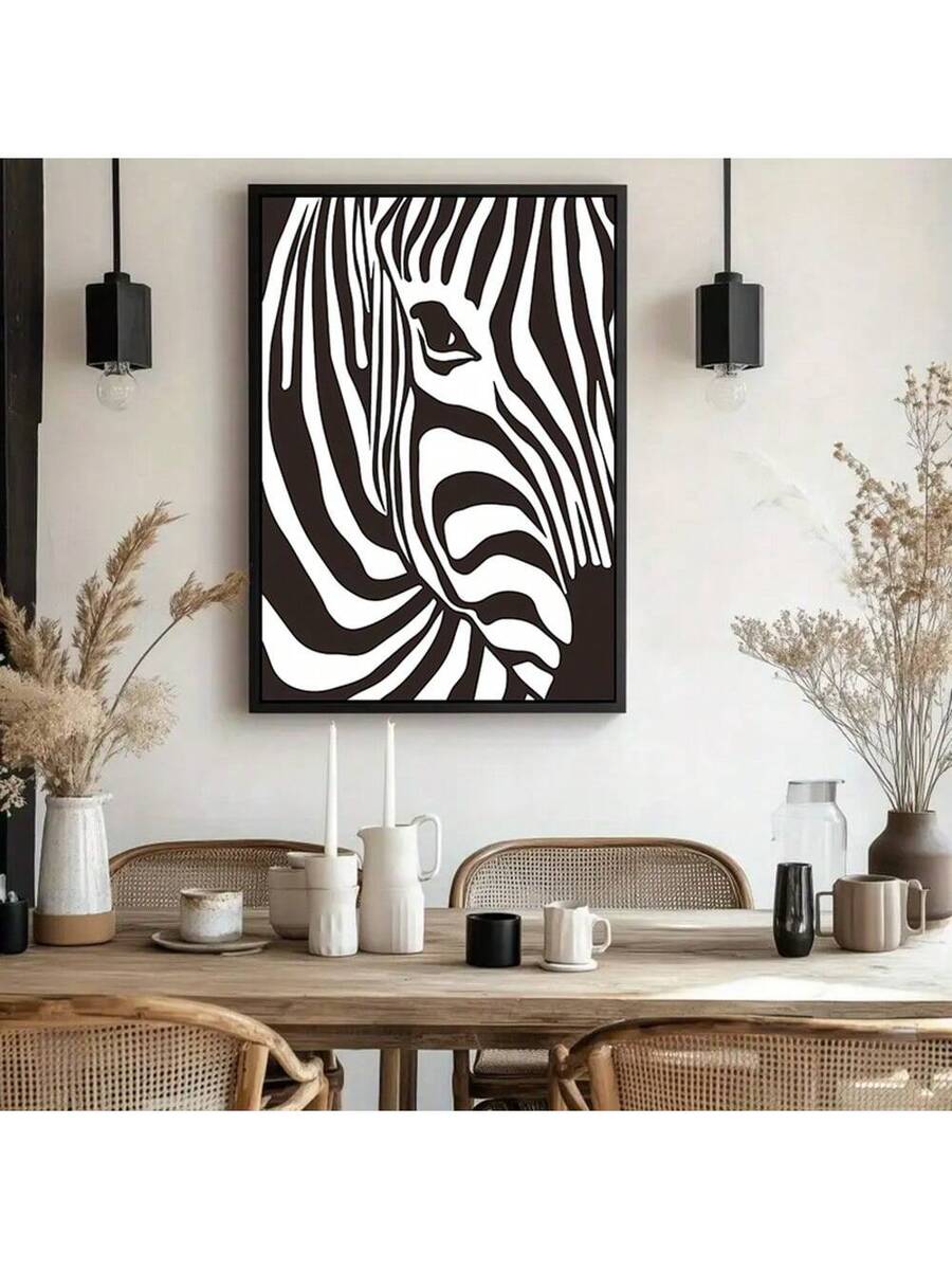 Elevate your space with this striking minimalist zebra portrait canvas art. Featuring bold black and white abstract lines, this modern piece brings contemporary sophistication to any room. Crafted on premium canvas, it's waterproof and removable, making it perfect for renters and design enthusiasts alike. The unframed hanging design offers versatile styling options for your home office, bedroom, or living area. Transform your walls with artistic flair that complements any décor aesthetic.