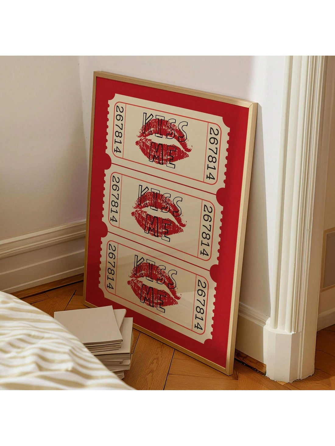 Elevate your space with this striking vintage-inspired wall art featuring an iconic kiss ticket motif in rich red tones. Perfect for bedrooms, living rooms, or creative spaces, this frameless poster captures a nostalgic aesthetic that complements modern and eclectic interiors alike. 