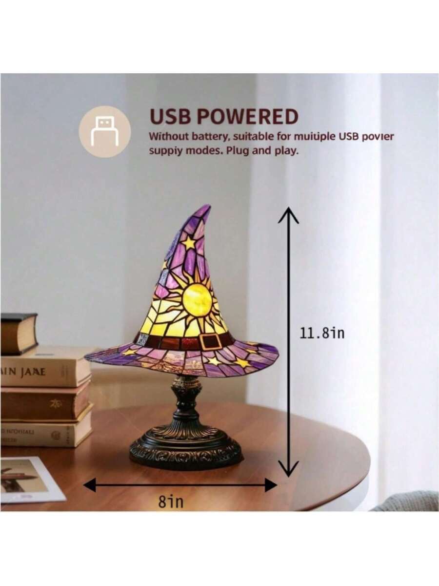 Purple witch hat table lamp glowing warm amber