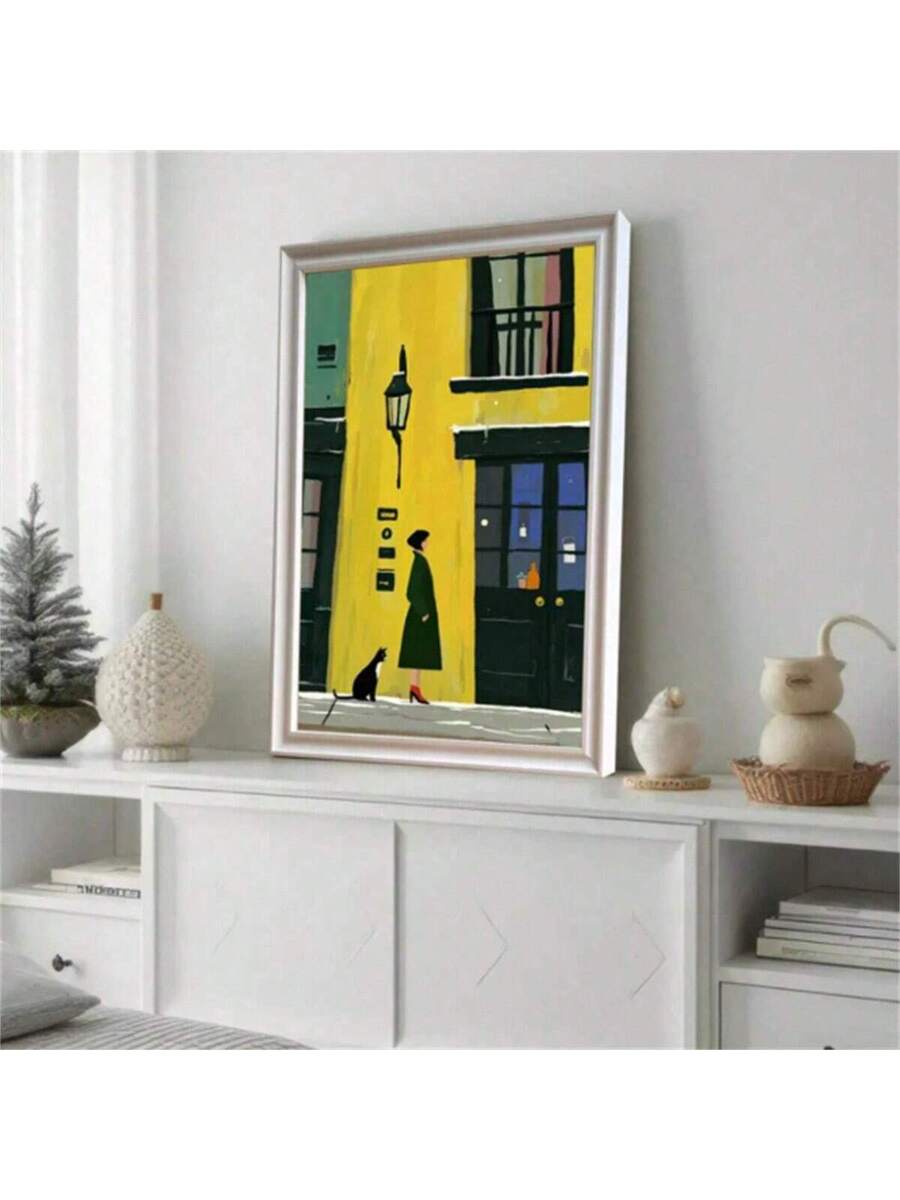 Transform your space with this striking abstract city street scene art print. Featuring a modern minimalist composition of a woman and cat against an urban backdrop, this canvas piece brings contemporary sophistication to any room. The multicolor palette creates visual depth while maintaining clean, artistic lines.