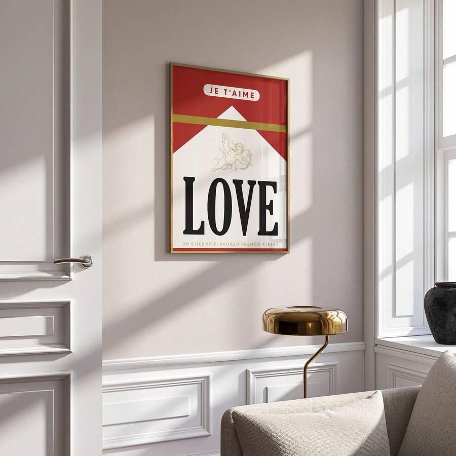 Retro love and cherub canvas poster above a light wood reading chair