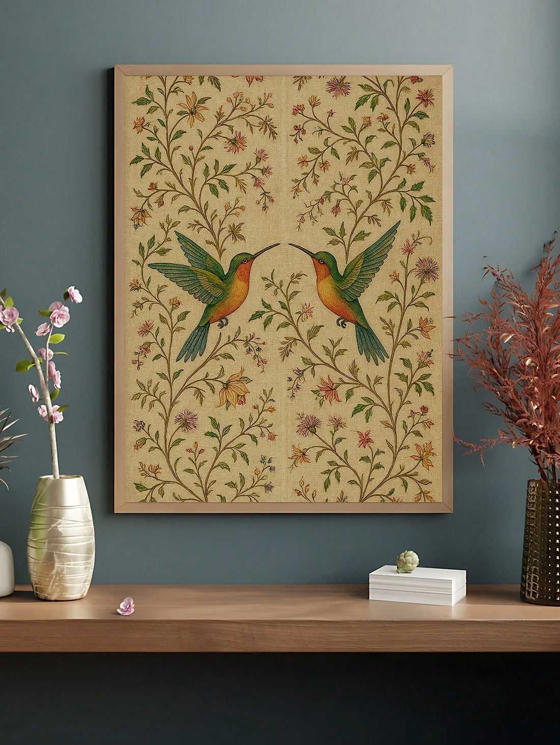 Celebrate love and nature with this charming vintage-inspired art print featuring delicate blue hummingbirds nestled among botanical elements. 