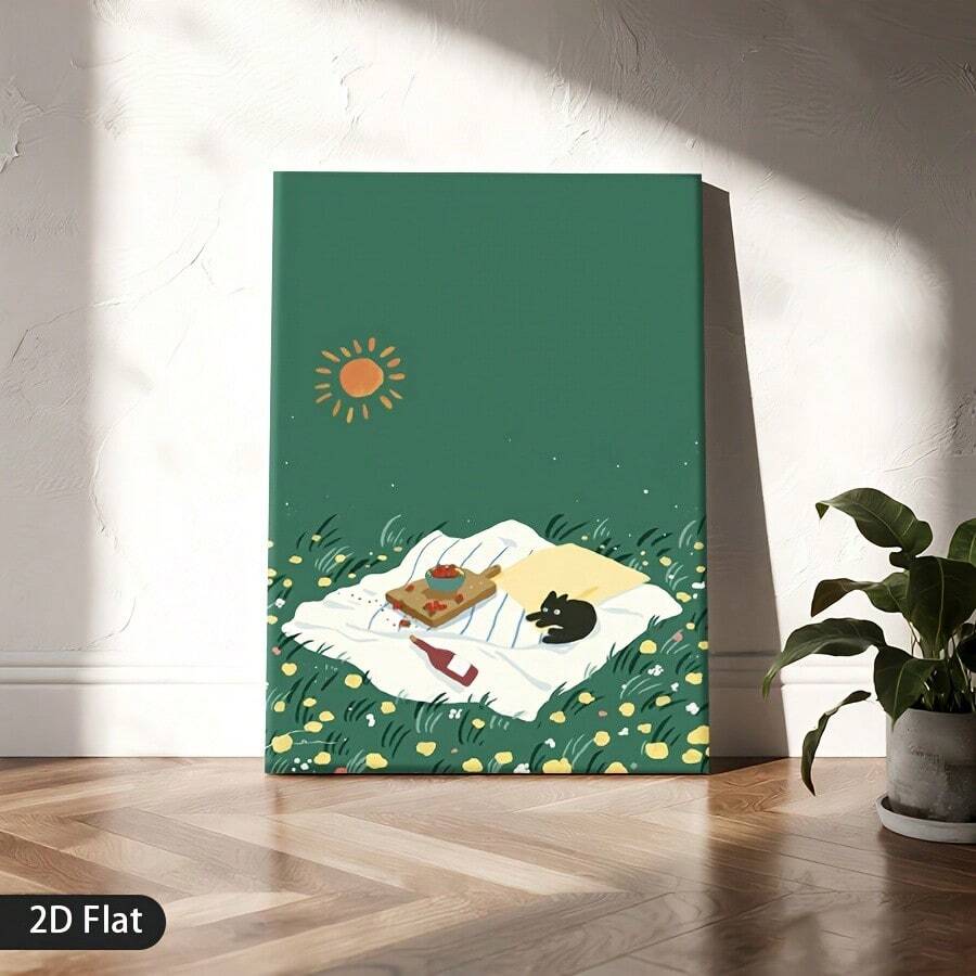 Green wall decor floor leaning canvas with black cat picnic artwork and side edge