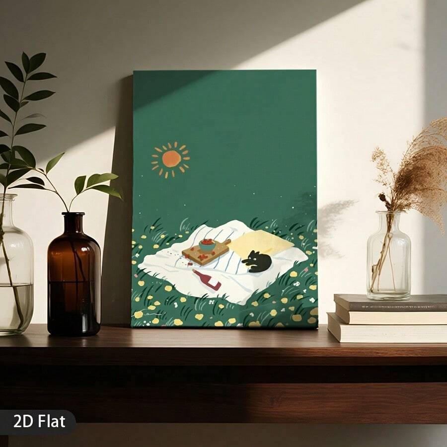 Cat canvas print close shelf styling with green field white blanket and cozy decor