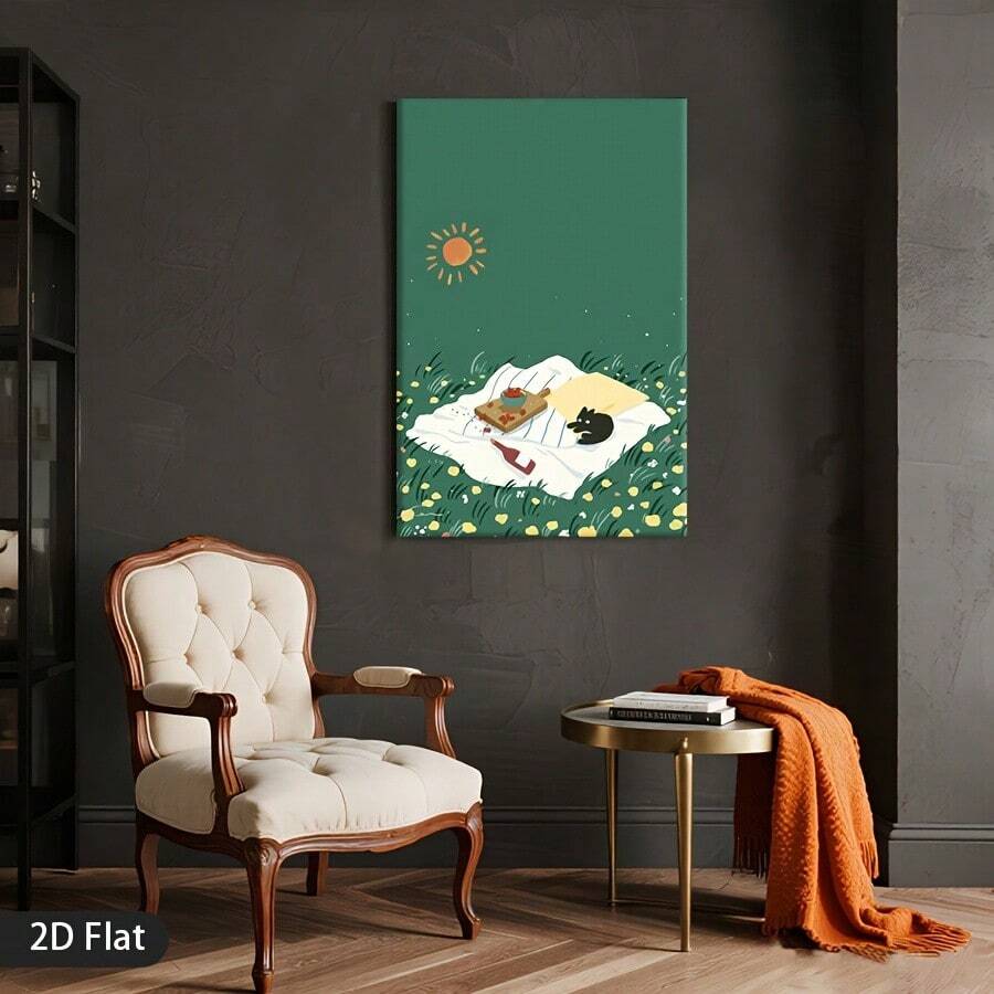 Black cat wall art above bench with green picnic scene sun flowers and white blanket