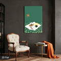 Botanical print on dark wall with black cat minimalist illustration and orange flowers