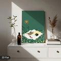 Cozy room decor dresser styling with black cat wall art and warm home accents