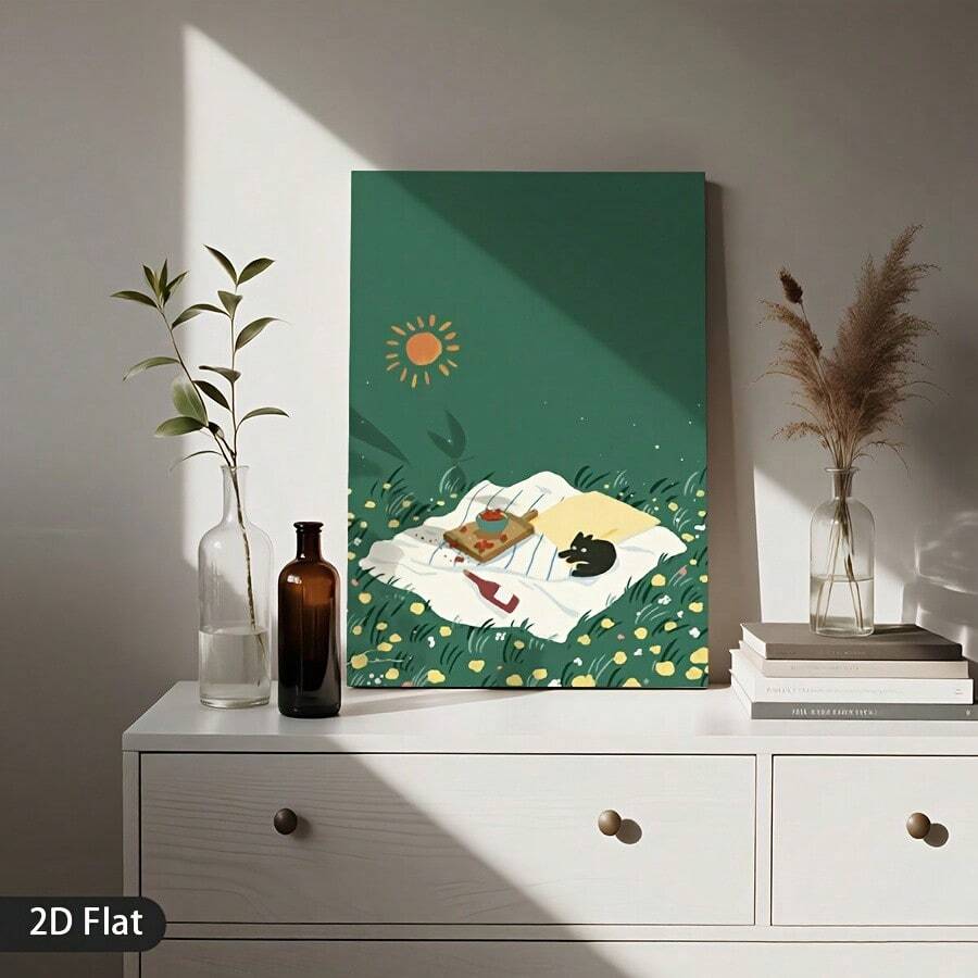 Cozy room decor dresser styling with black cat wall art and warm home accents