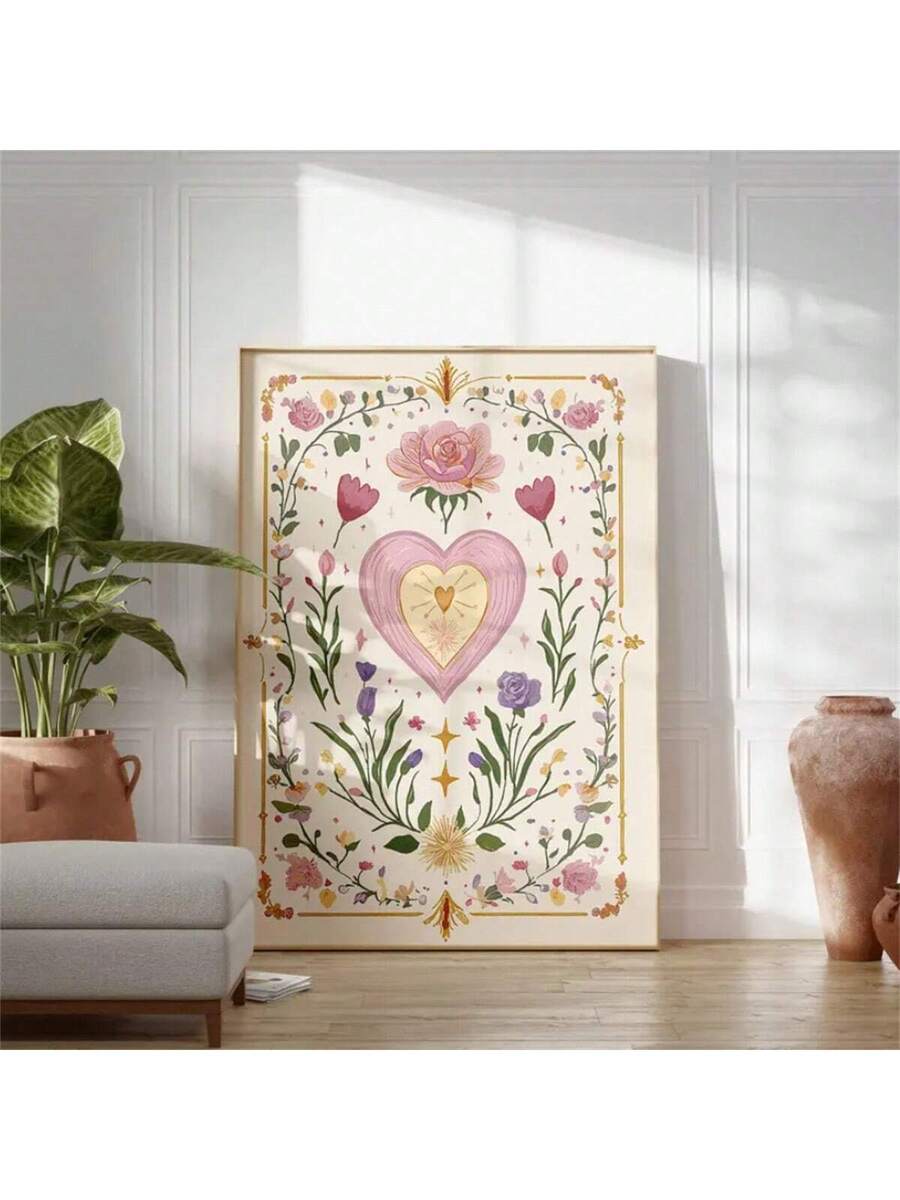 Floral heart canvas print styled in a bright living room with plants and sofa