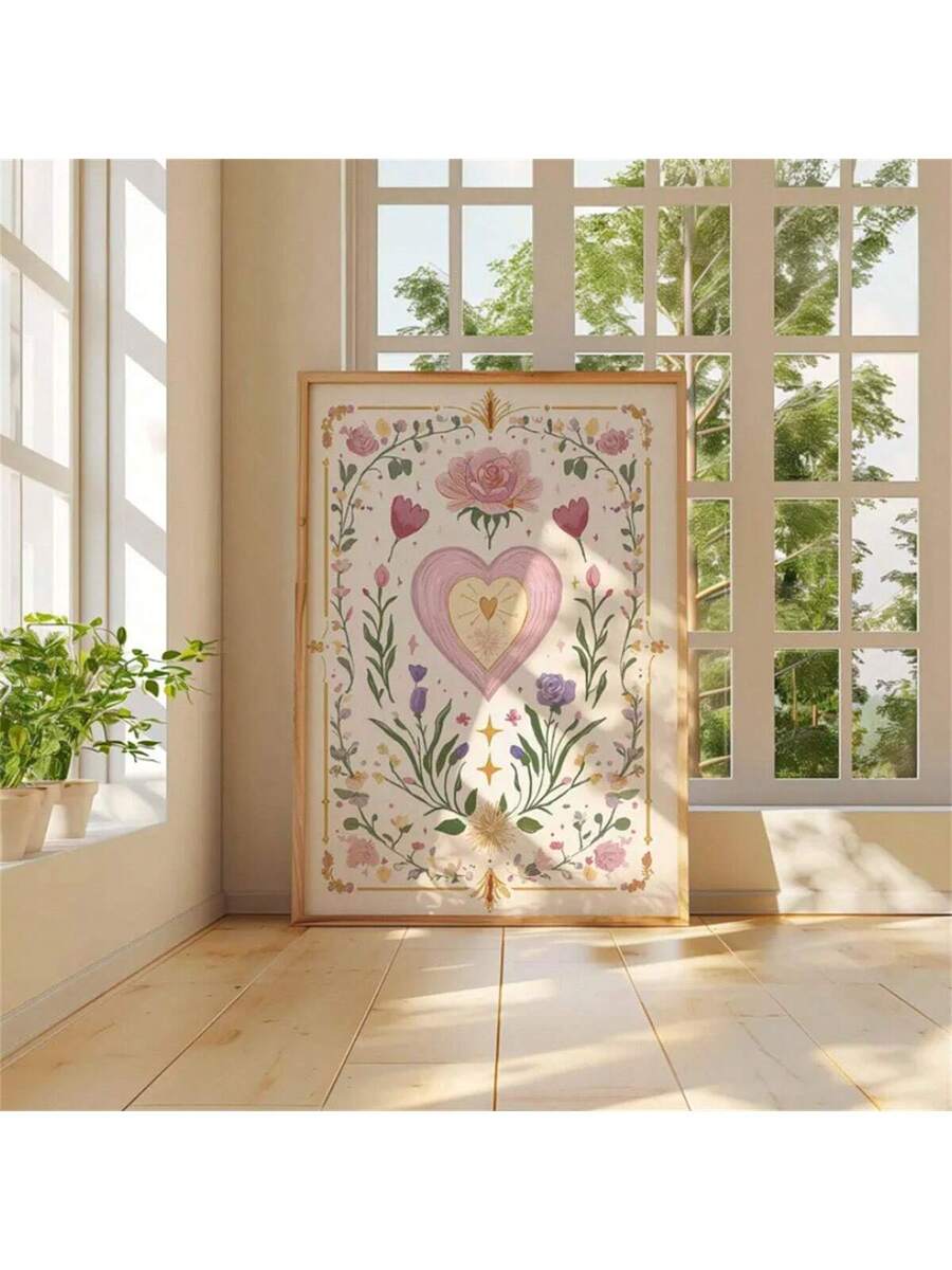 Floral heart canvas print styled in a bright living room with plants and sofa