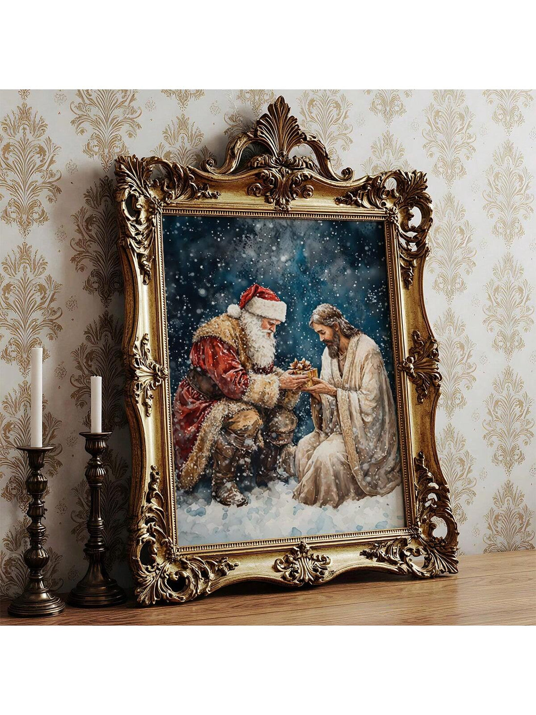 Transform your space with this striking vintage-inspired Christmas wall art that beautifully merges spiritual and festive traditions. Featuring an exquisite blend of Jesus and Santa Claus imagery, this waterproof canvas poster brings timeless holiday charm to any room. The durable, weather-resistant canvas ensures lasting vibrancy whether displayed in your home, office, or covered outdoor area. Perfect for collectors of classic Christmas décor, this piece captures the warmth and nostalgia of traditional hol