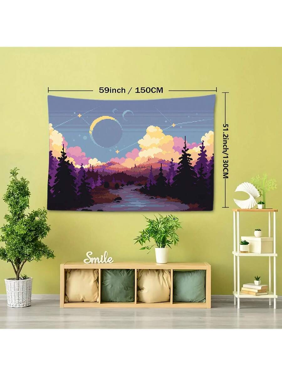 Rectangular wall tapestry with pixel art evening forest landscape