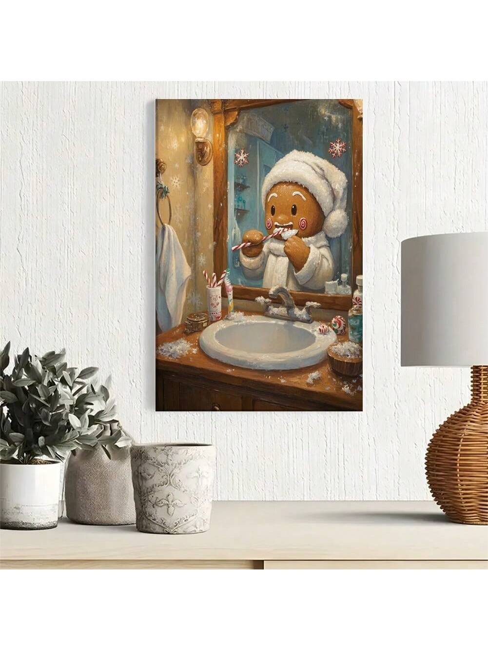 Bring festive cheer to any space with this whimsical gingerbread man canvas art. Featuring a playful design that captures the spirit of Christmas, this piece adds personality and warmth to bathrooms, living rooms, offices, and beyond. The vibrant colors and humorous character make it an ideal conversation starter that appeals to both holiday enthusiasts and those seeking lighthearted décor. Printed on high-quality canvas with durable materials, it's designed to maintain its visual appeal season after season