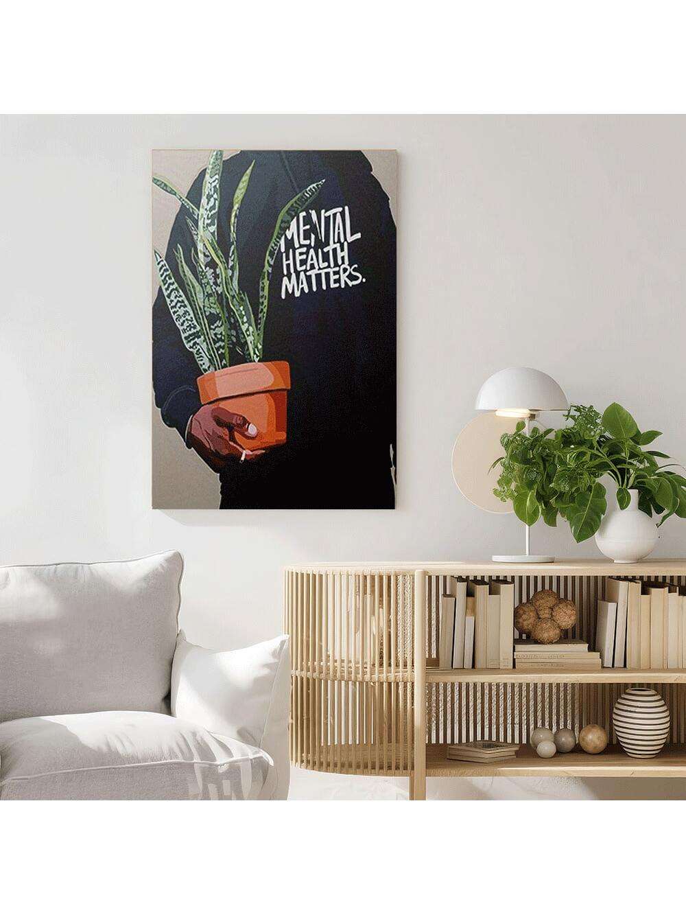 Elevate your space with this striking framed wall art that merges meaningful messaging with contemporary design. Featuring bold typography celebrating mental health awareness, this piece combines minimalist aesthetics with authentic African heritage elements, creating a powerful visual statement. 