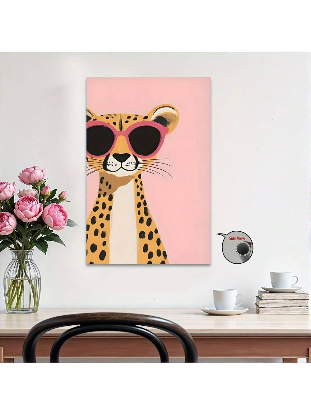 Elevate your interior design with this striking modern cheetah poster, where contemporary style meets wildlife aesthetics. Featuring a minimalist cheetah adorned with fashionable pink glasses, this piece brings personality and sophistication to any room. 