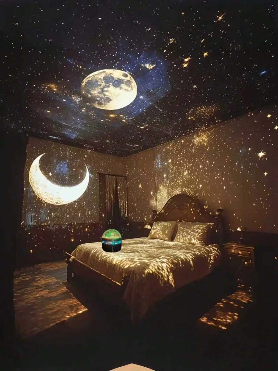 Galaxy star projector casting crescent moon and gold stars across bedroom ceiling.