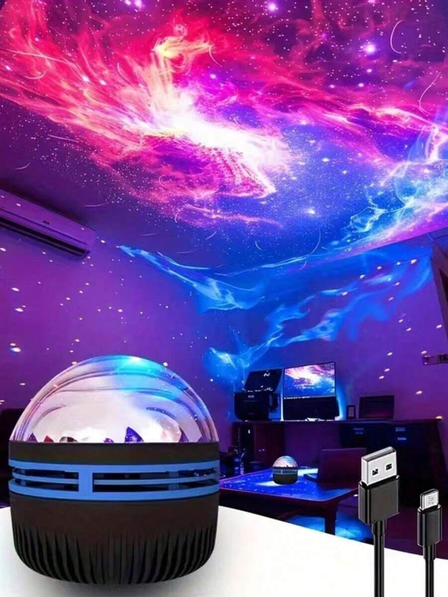Galaxy star projector casting crescent moon and gold stars across bedroom ceiling.