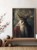 Antler forest king fantasy portrait framed above a rustic wood bench