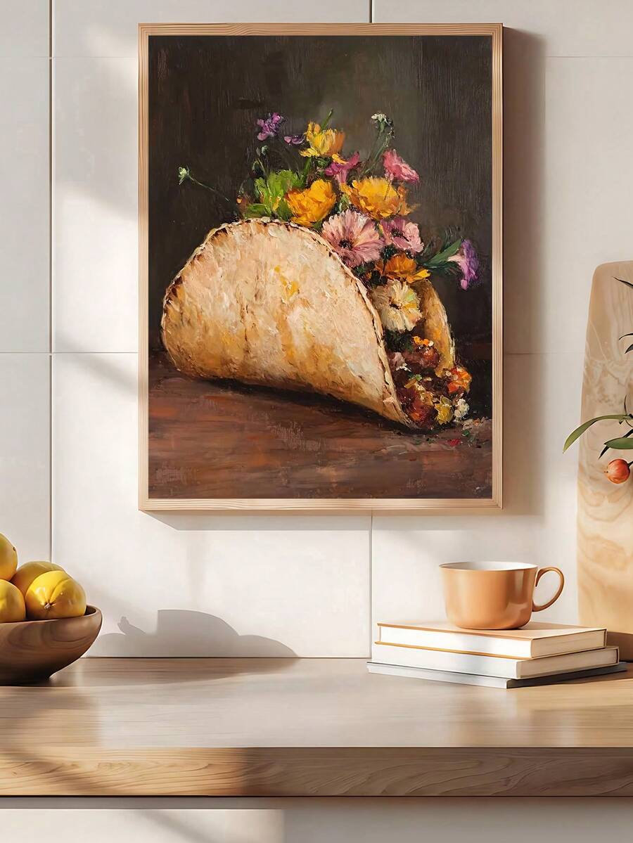 Framed floral taco still life poster above a bright kitchen counter