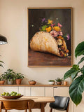 Painterly taco filled with colorful flowers displayed in dining room