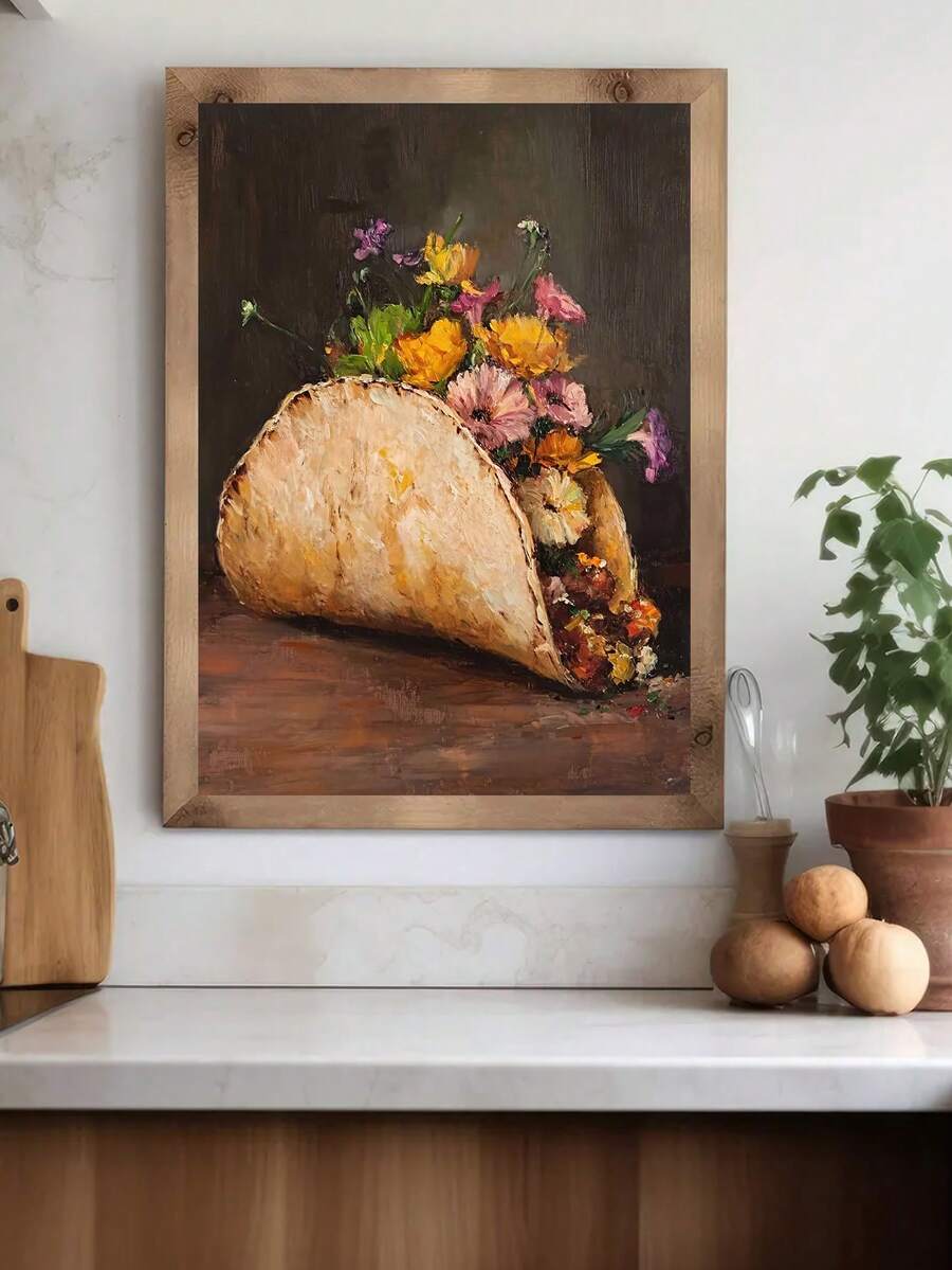 Flower taco canvas wall art in rustic kitchen with wide wood frame