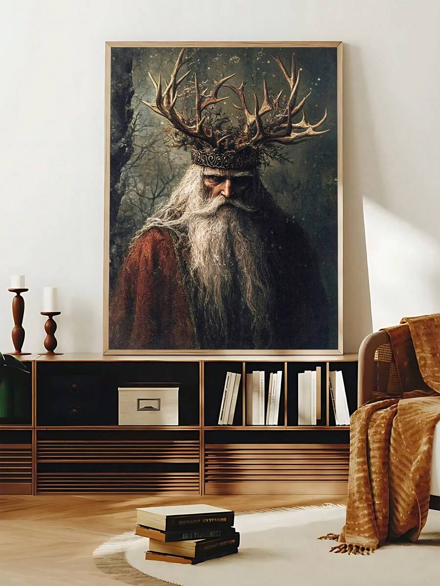 Framed woodland king poster styled on a living room media cabinet