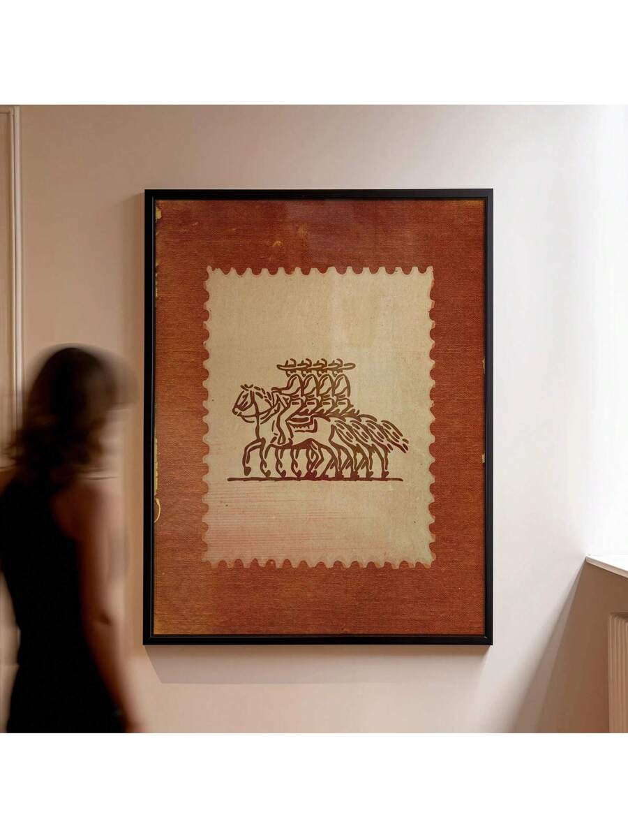 Vintage western horse rider canvas poster in a black-framed hallway display