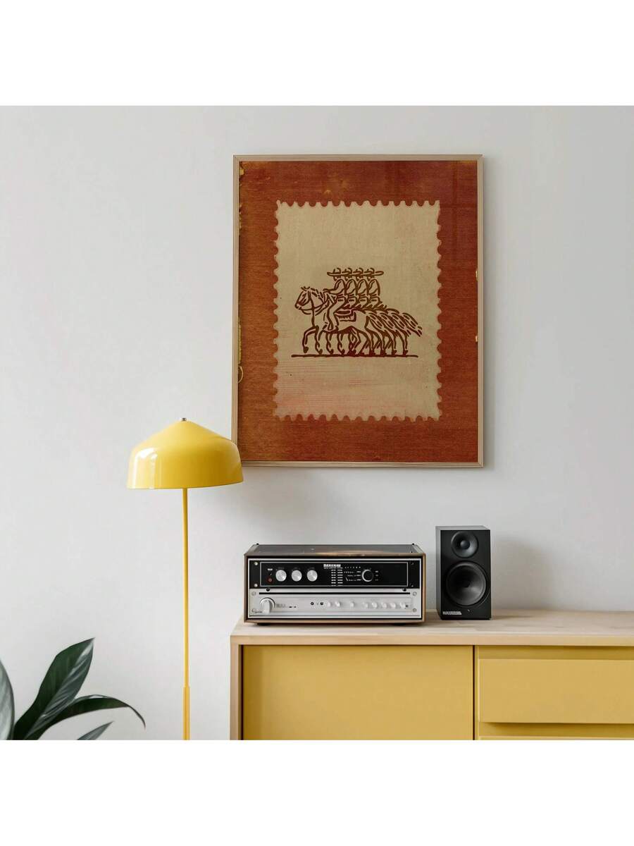 Rustic Mexico stamp cowboy wall art above a retro stereo cabinet